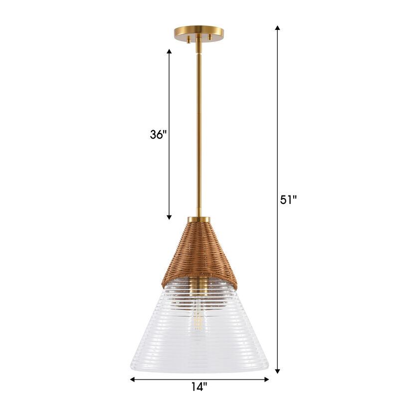 14" Bohemian Coastal Gold Handwoven Rattan Pendant Light with Clear Ribbed Cone Glass Shade for Bedroom, Living Room or Kitchen Island image number 5