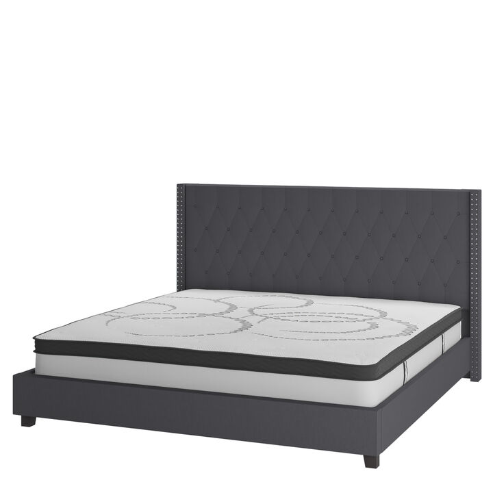 Riverdale King Size Tufted Upholstered Platform Bed in Dark Gray Fabric with 10 Inch CertiPUR-US Certified Pocket Spring Mattress
