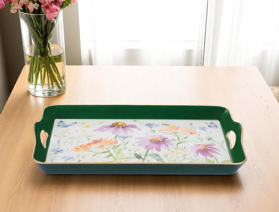 HomeRoots 17" Green And White Watercolor Floral Serving Tray With Handles