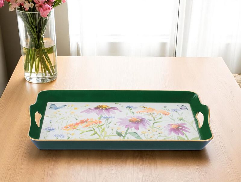 HomeRoots 17" Green And White Watercolor Floral Serving Tray With Handles image number 1