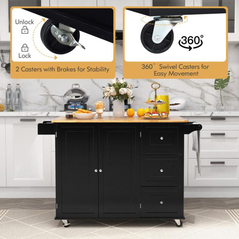 Hivvago Kitchen Wood Island Trolley Cart with Drop-Leaf Tabletop and Storage Cabinet