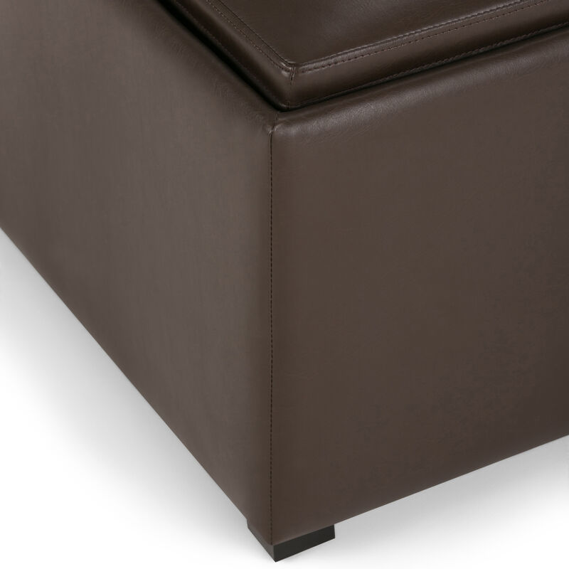 Avalon 35 inch Wide Contemporary Square Coffee Table Storage Ottoman in Chocolate Brown Vegan Faux Leather, Assembled