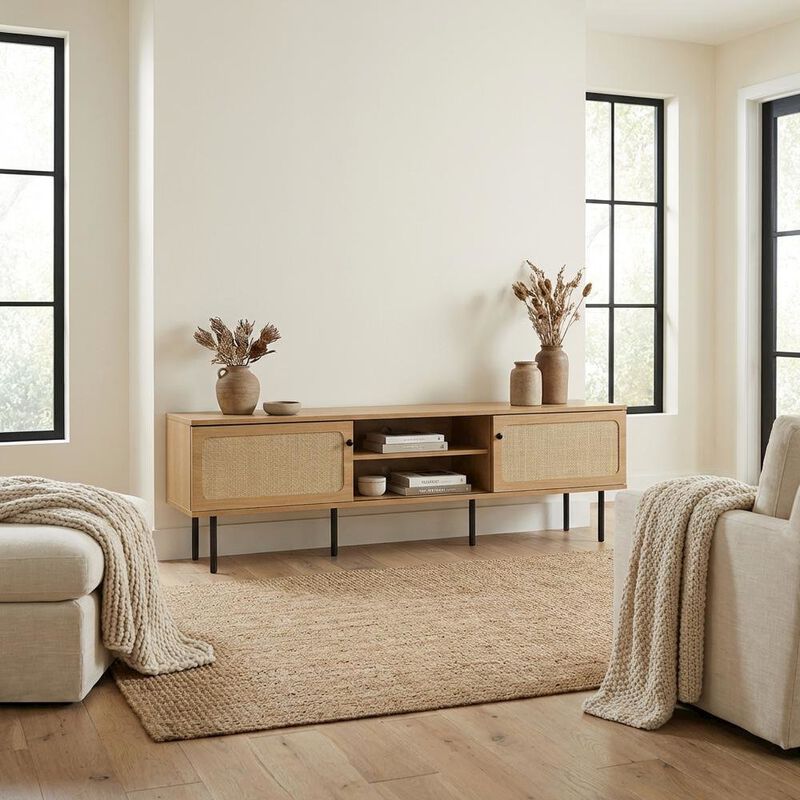 Wooden TV stand in brown with spacious surface and sturdy base image number 4