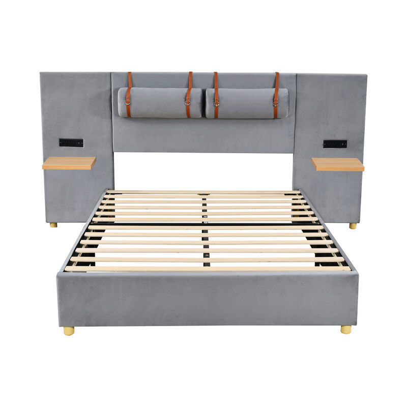 Merax Velvet Platform Bed  with Built-in Pillows