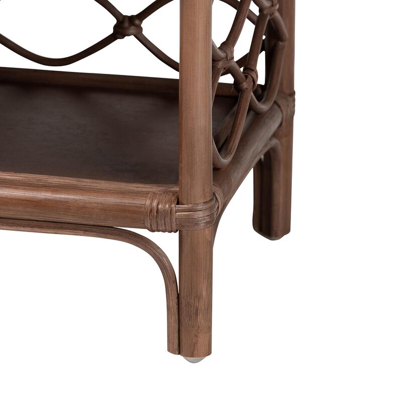 bali & pari Akane Natural Rattan Nightstand with Drawer and Open Shelves – Coastal Bedside Table with Lattice Design, Brown