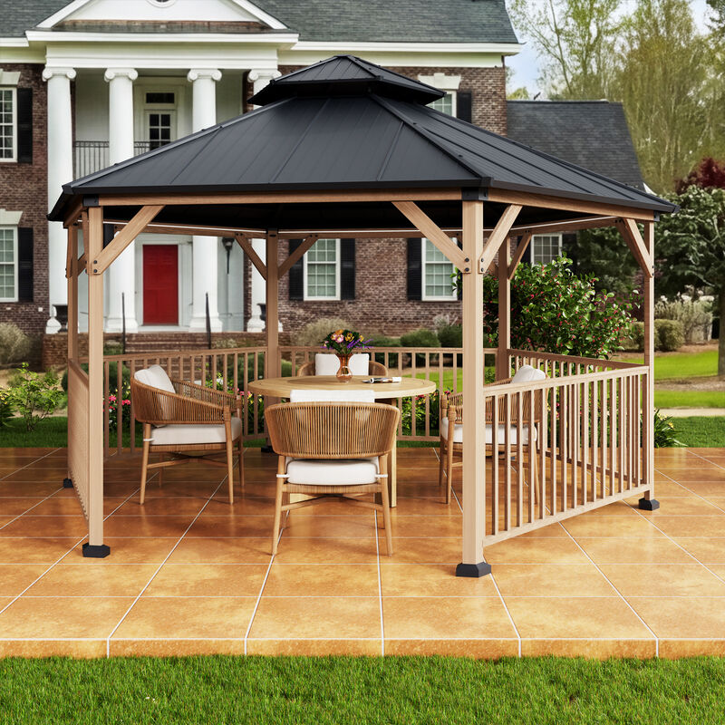 Mondawe 15Ft Hexagonal Hardtop Gazebo with Solar LED Light and Modular Safety Fence, Gray image number 1