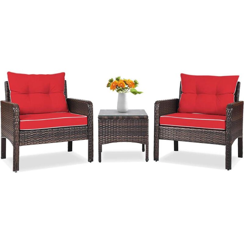 Hivvago 3-Piece Brown PE Rattan Outdoor Dining Patio Furniture Set with Red Cushions