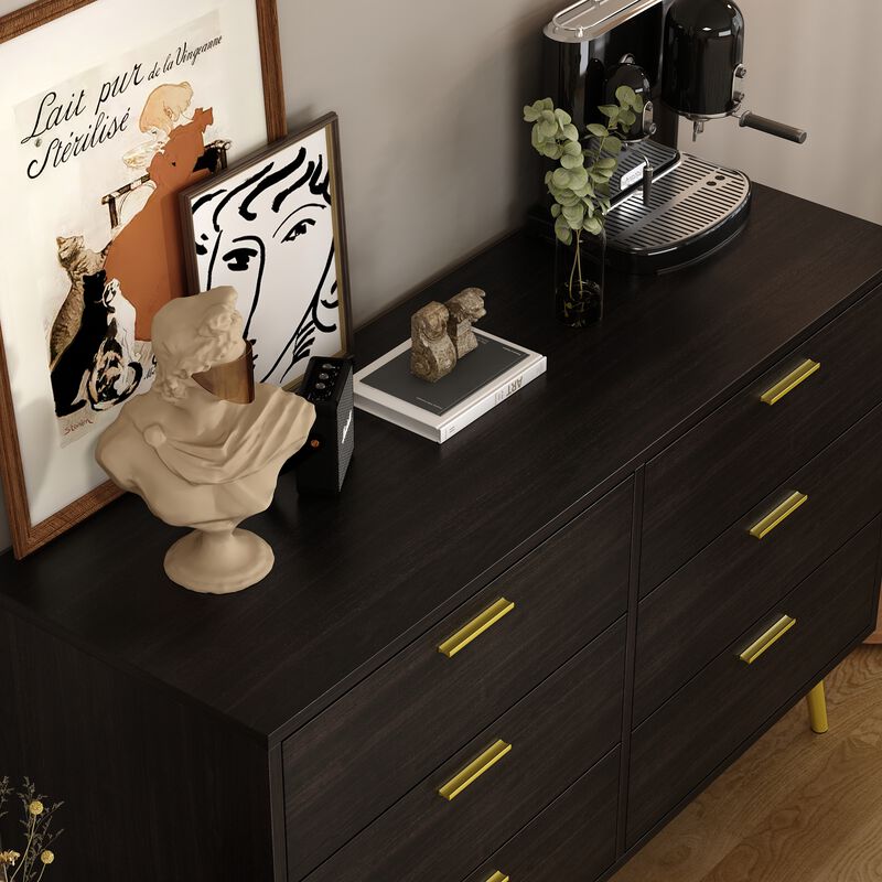 47.2&rdquo; 6 Drawer Dresser, Modern 6-Drawer Chest with Gold Metal Handles, Bedroom Dresser with Gold Metal Legs, for Living Room Entryway (47.2&rdquo;W x 15.7&rdquo;D x 30.1&rdquo;H)