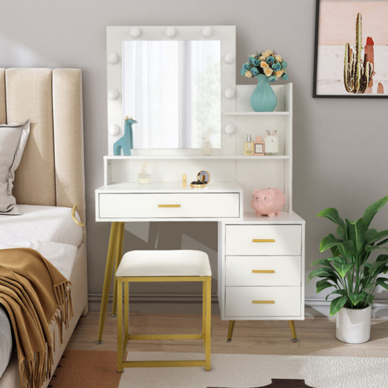 Makeup Vanity Set with 9 LED Bulbs, Dressing Table with Cushioned Stool, 3 Storage Shelves & 4 Drawers