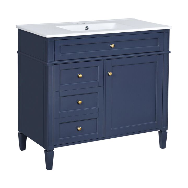 36 in. W Modern Bathroom Vanity with Single Sink, 2 Storage Drawers and 1 Tip-Out Drawer
