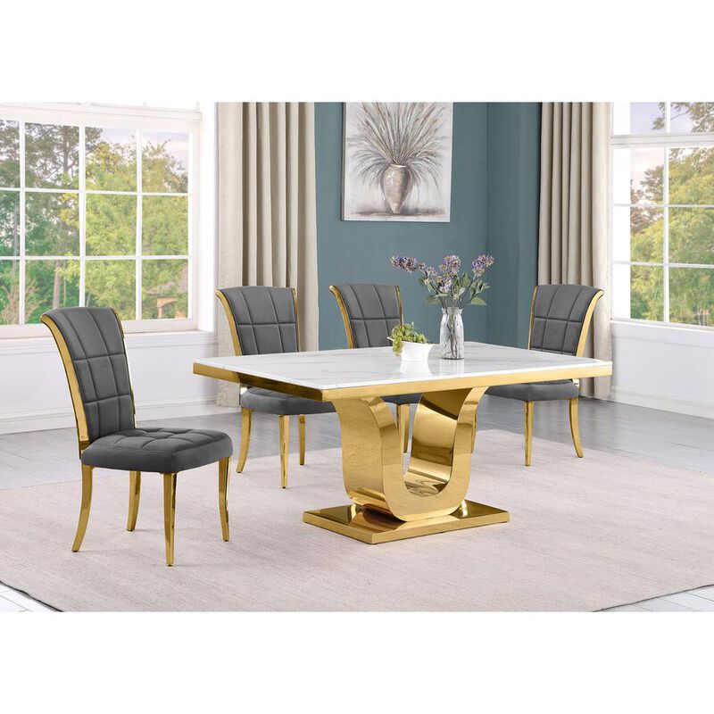 5pc Small(66") marble top dining set with gold base and 4 Dark grey side chairs