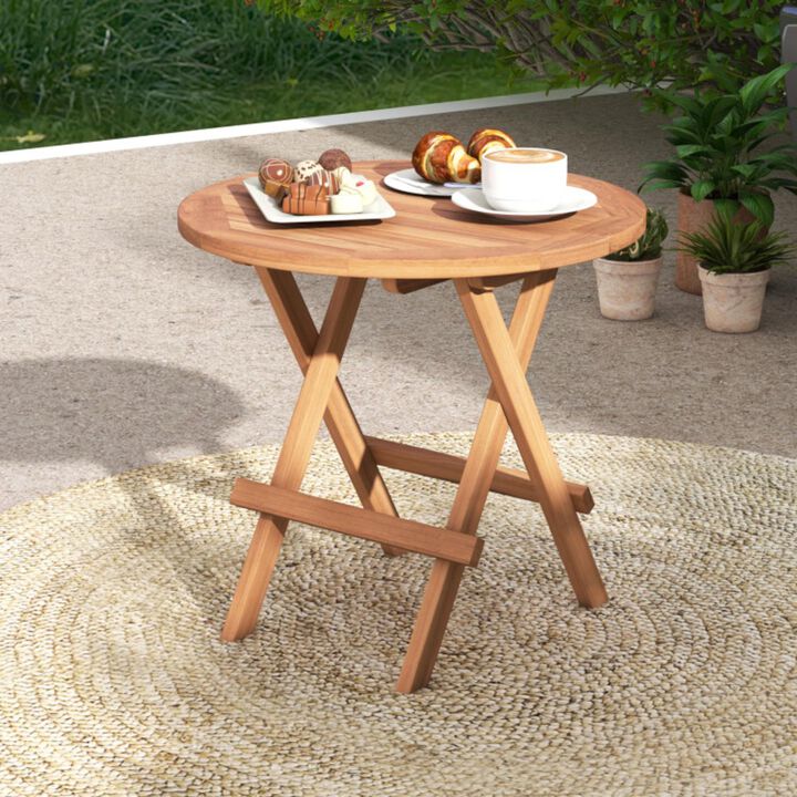 Hivvago Round Patio Folding Coffee Table Teak Wood with Slatted Tabletop