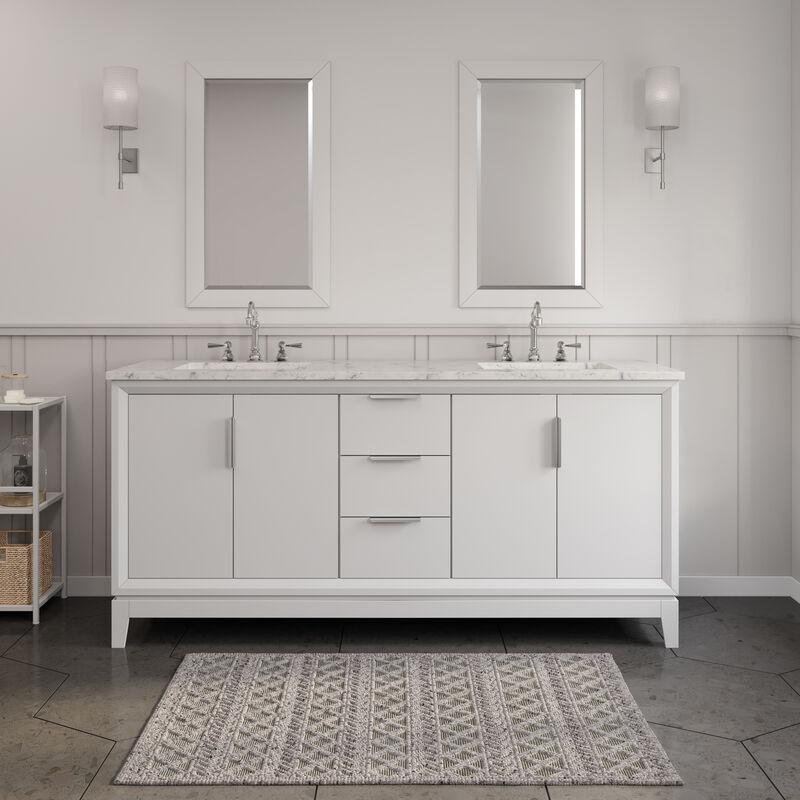 Elizabeth 72 In. Double Sink Carrara White Marble Countertop Bath Vanity In Pure White with Brushed Silver Hardware