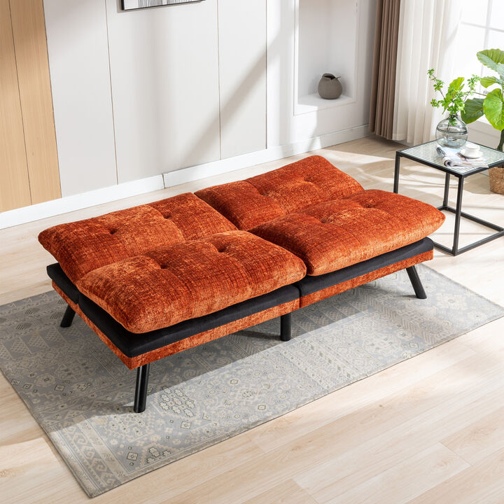 Convertible Sofa Bed Loveseat Futon Bed Breathable Adjustable Lounge Couch with Metal Legs, Futon Sets for Compact Living Space Chenille- Orange