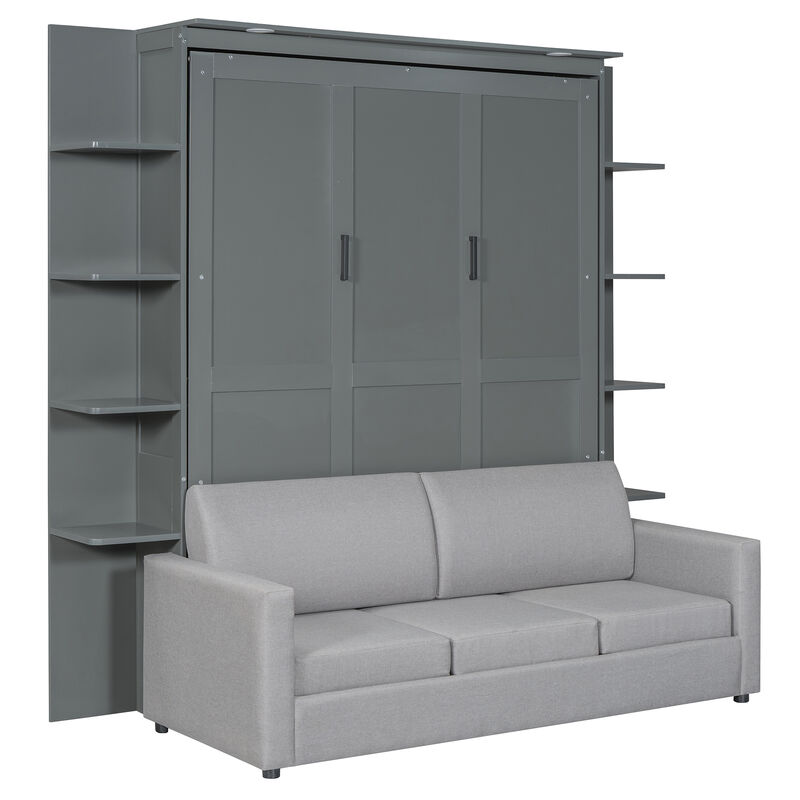 Whisen Modern Design Wood Frame Queen Size Murphy Bed Wall Bed with Sofa and Shelves - Grey
