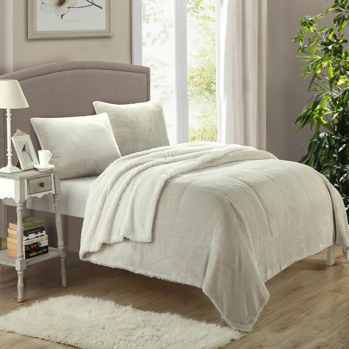 Chic Home Evie Plush Microsuede Sherpa Lined 3 Pieces Blanket & Shams Set - Queen 90x90, Beige