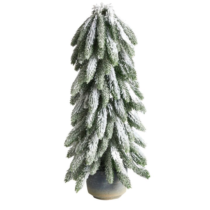 Nearly Natural 21-in Flocked Artificial Christmas Tree in Decorative Planter