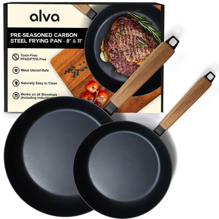 Alva Forest 2-Piece Professional Carbon Steel Cookware Set - Pre-Seasoned Non-Toxic Frying Pans - Chemical-Free, Traditional Cooking Surface - All Stovetop Compatible, Fast-Heating