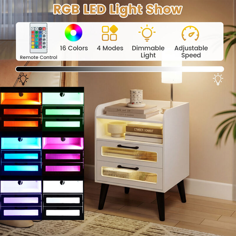 Modern Nightstand with LED Lights, Charging Station and Storage Drawer image number 5