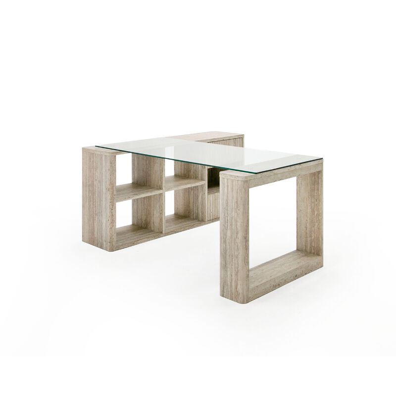 Noe Mali L Shaped Desk, Faux Travertine, 4 Shelves, 63 Inch Glass Top - Benzara image number 0