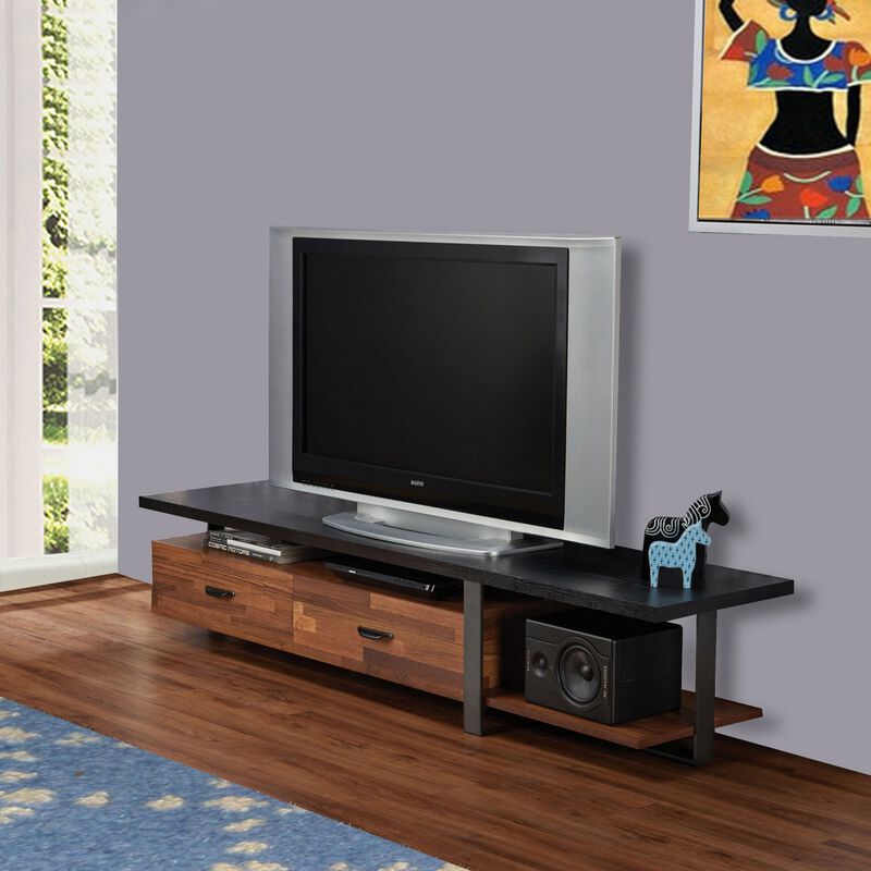 Metal Framed Wooden TV Stand Straight with Two Drawers and Open Shelf, Black and Brown-Benzara