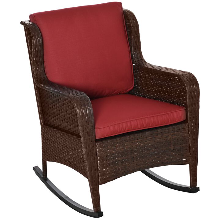 Wine Red Patio Wicker Rocking Chair: Outdoor PE Rattan Swing Chair with Soft Cushions, Classic Style for Garden, Patio, Lawn