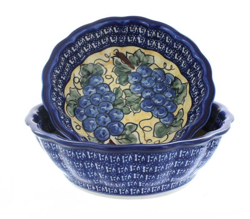 Blue Rose Polish Pottery Blue Tulip Scallop Serving Bowl Set
