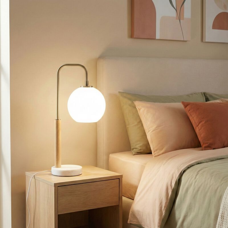 ELEMENT ACE Modern Nordic Globe Lampshade Table Lamp with Stable Base for Bedroom Bedside, Study Desk, Living Room, Office Decor & Warm Ambient Lighting image number 1