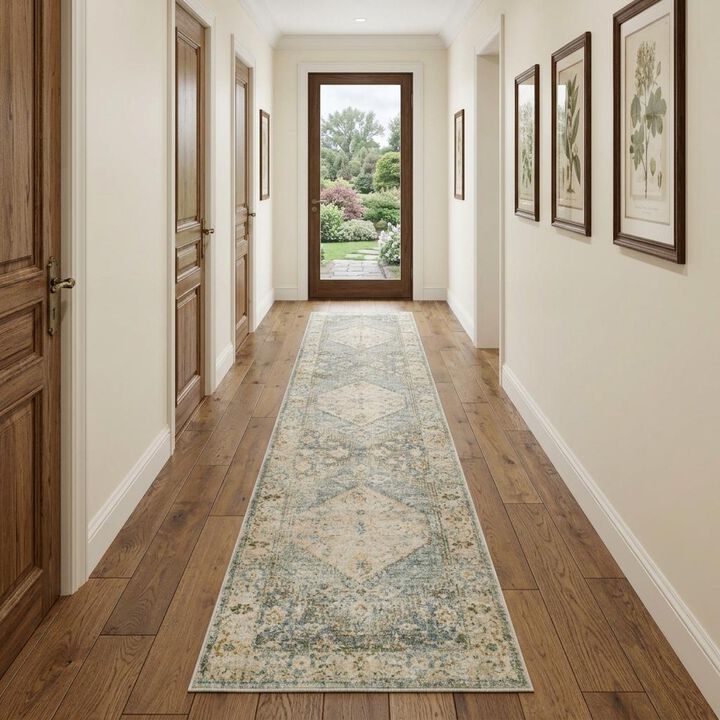 HomeRoots 10' Blue And Silver Floral Medallion Distressed Washable Runner Rug