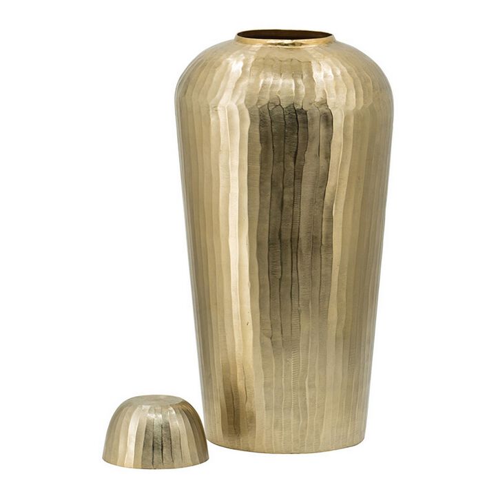 22 Inch Lidded Vase Jar, Tall Curved Silhouette, Hammered Texture, Gold - Benzara