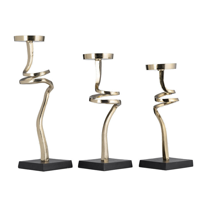 13, 15, 17 Inch Candle Pillar Holder, Set of 3, Abstract Style, Gold, Black - Benzara