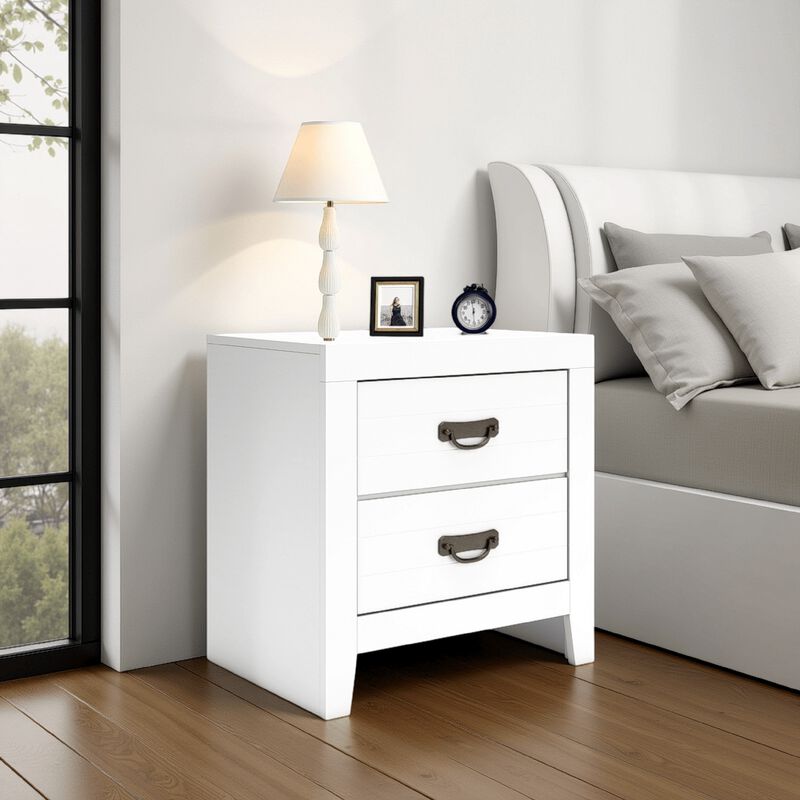 Feo Bedside Nightstand, 2 Drawers, White Okoume Finish, Solid Hardwood - Benzara