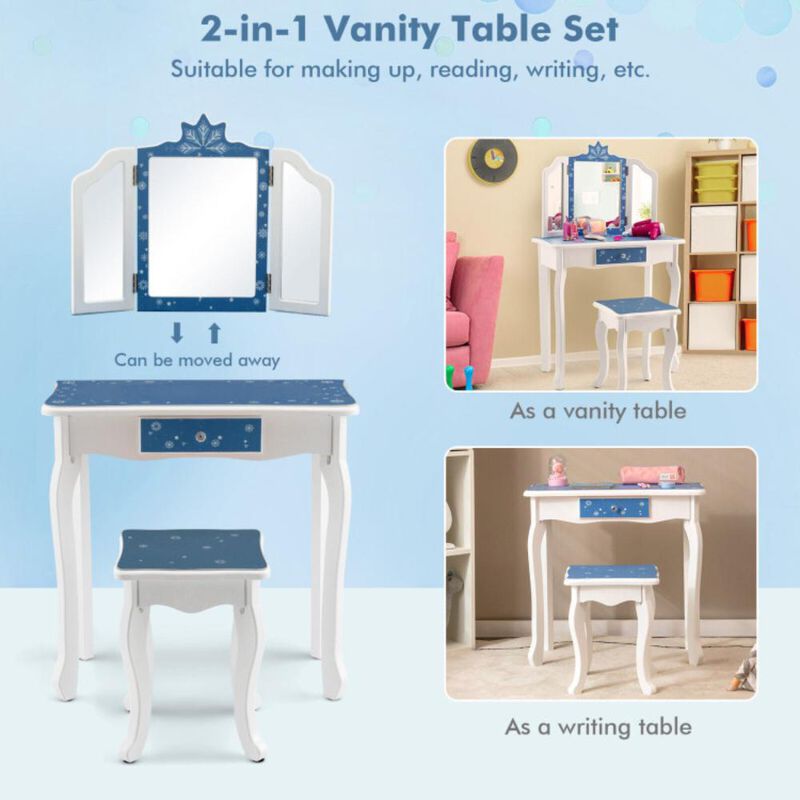 Hivvago Princess Vanity Table and Chair Set with Tri-Folding Mirror and Snowflake Print
