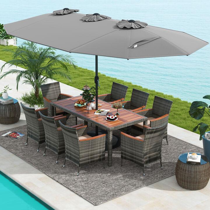 10 Pieces Patio Wicker Dining Set with Double-Sided Patio Umbrella
