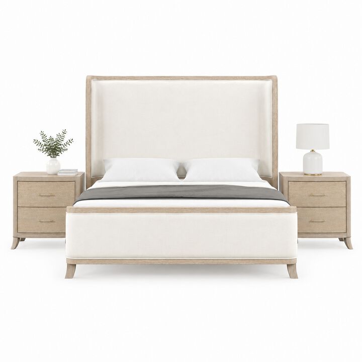 Queen Bedroom Set, Natural Oak Brown, White Wood, 3 Piece Set with 2 Nightstands