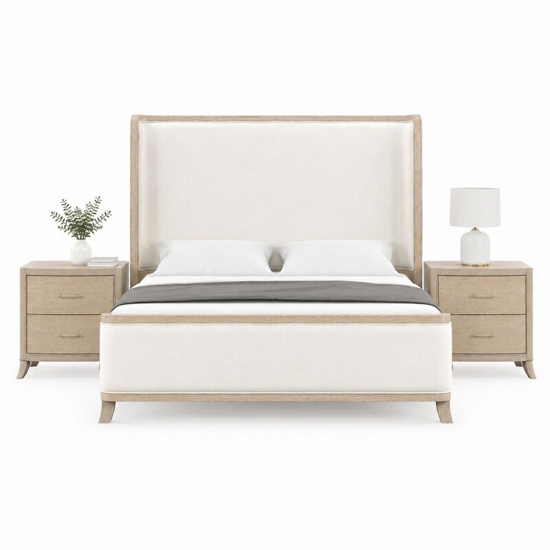 Queen Bedroom Set, Natural Oak Brown, White Wood, 3 Piece Set with 2 Nightstands image number 0