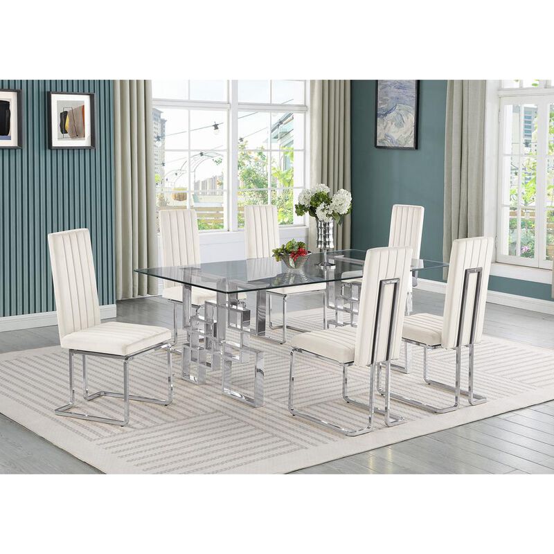 7-piece glam dining set with 6 Cream side chairs and one 79" glass dining table