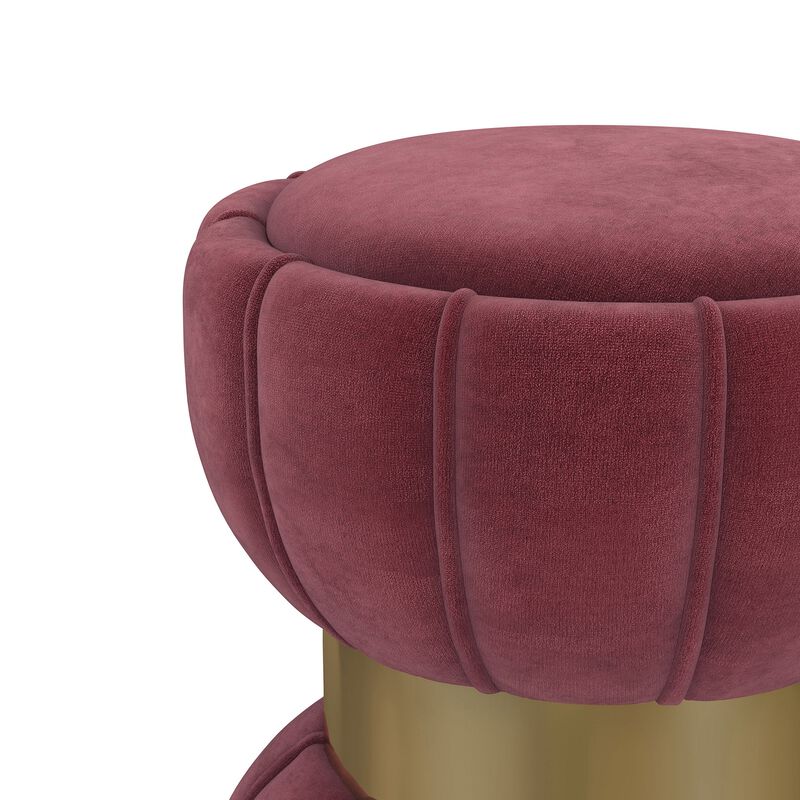 Soraya Ottoman, Tufted Red Wine Fabric, Round 17 Inch, Gold Metal Band - Benzara