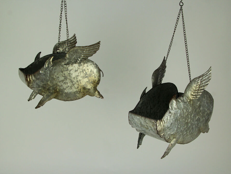 Distressed Galvanized Metal Flying Pig Hanging Planter Set of 2 - Indoor/Outdoor