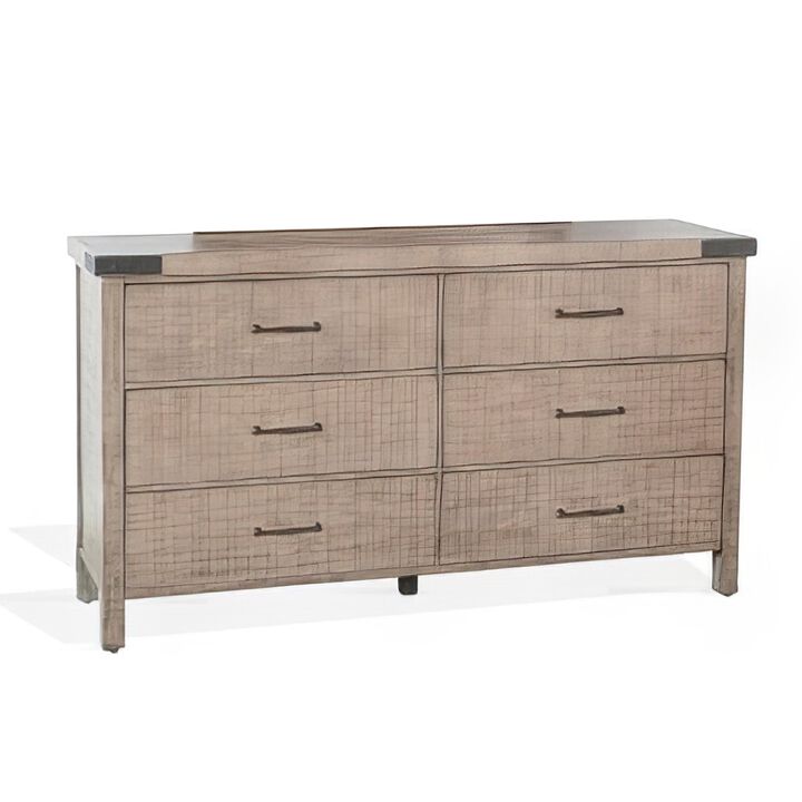 Desy Wide Dresser Chest with 6 Drawers, Light Brown Mahogany Wood - Benzara