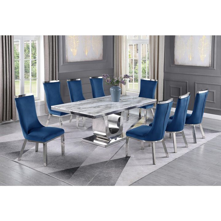9pc dining set- Rectangle Marble table with a U shape silver base and 8 Navy Blue side chairs