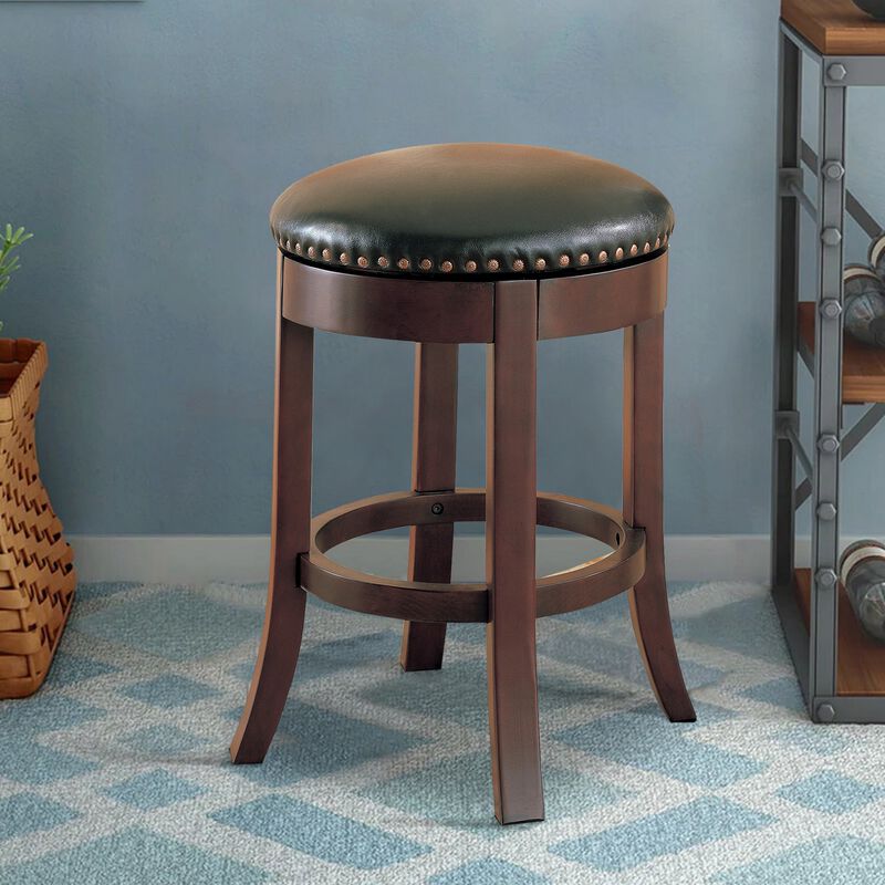 Round Wooden Counter Height Stool with Upholstered Seat, Brown, Set of 2-Benzara
