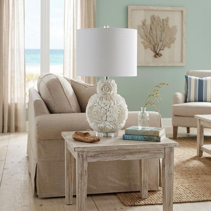HomeRoots 24" Off White Seashell Table Lamp With White Drum Shade