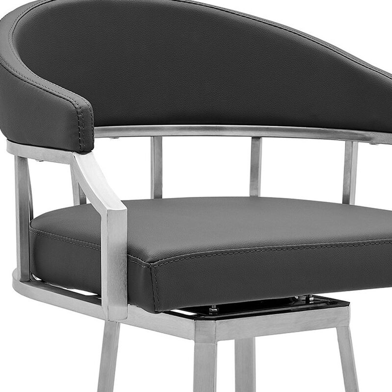 Hivvago 30 Inch Gray And Silver Faux Leather And Iron Swivel Low Back Bar Height Bar Chair