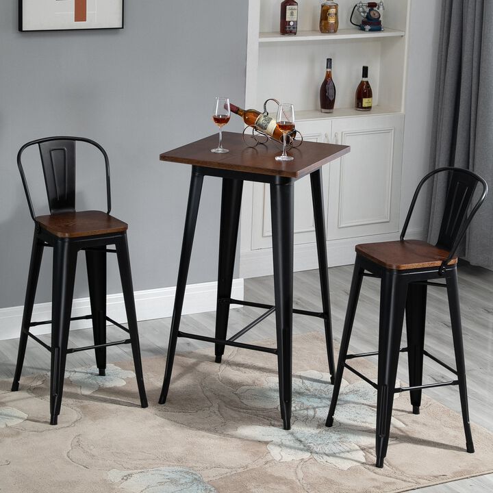 3 Piece Industrial Dining Table Set, Counter Height Bar Table & Chairs Set with Footrests for Bistro, Pub, Black, and Brown