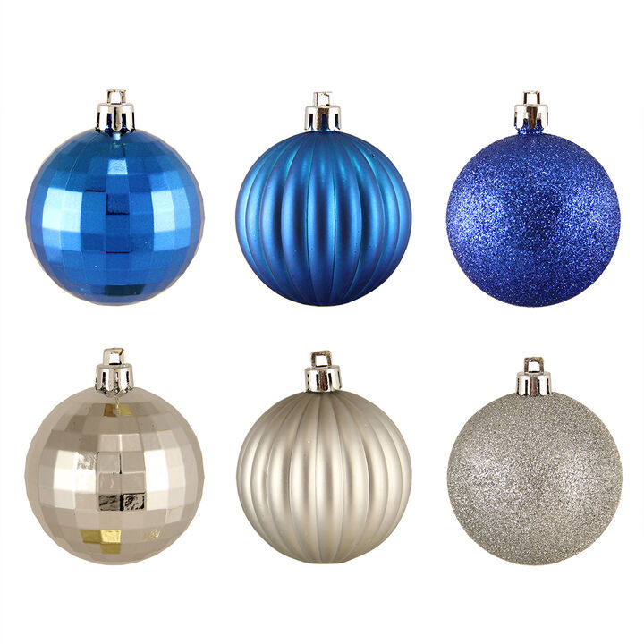 100ct Silver and Blue Shatterproof 3-Finish Christmas Ball Ornaments 2.5" (60mm)