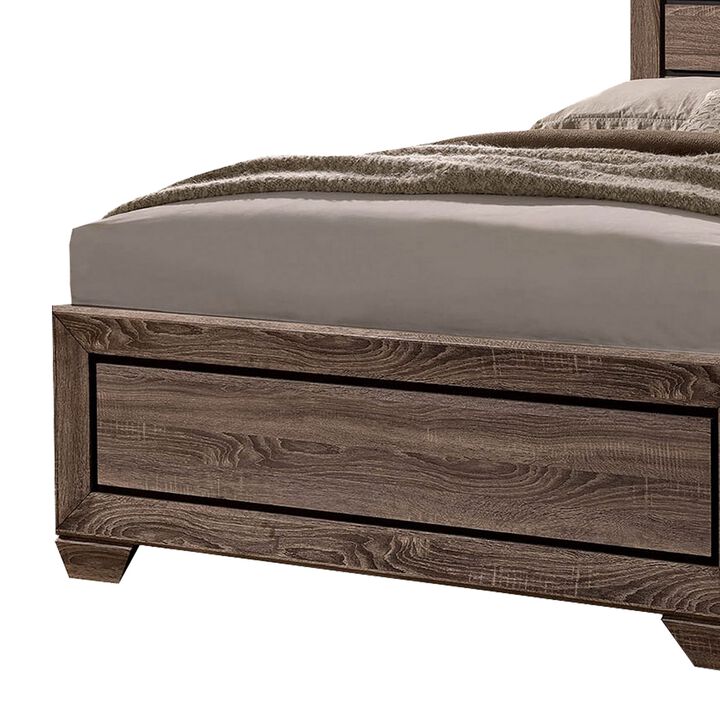Wooden Queen Size Bed with 4 Spacious Side Rail Drawers, Brown-Benzara