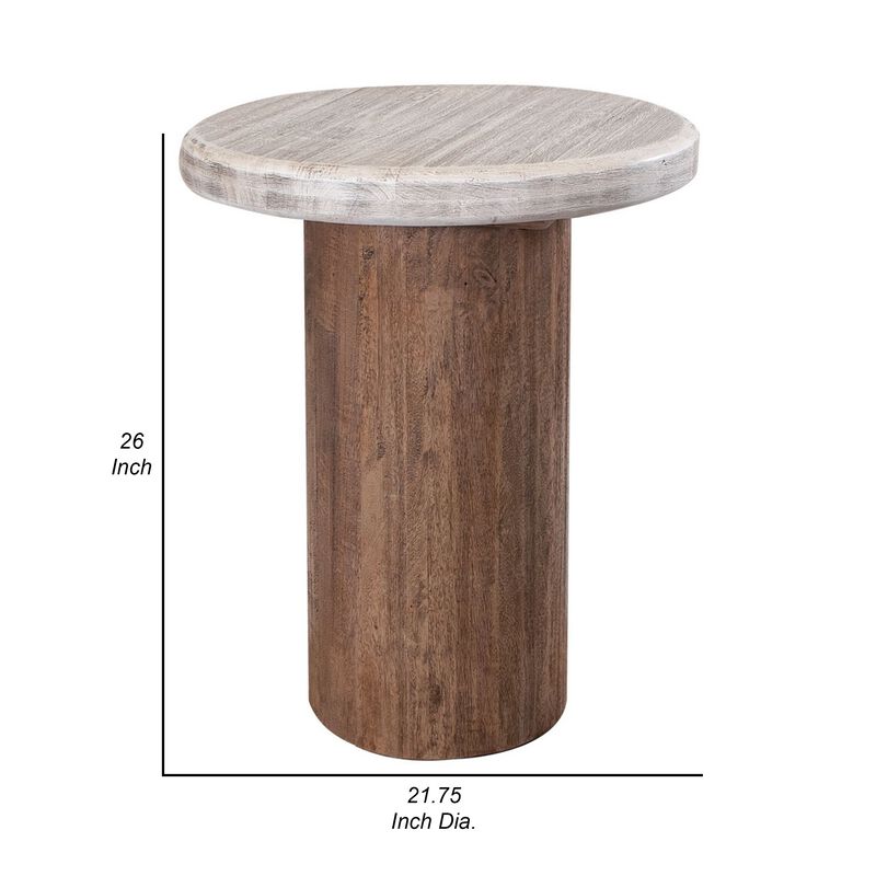 Kohl 26 Inch Side End Table, Brown Mango Wood, Drum Base, Cream Floated Top image number 4