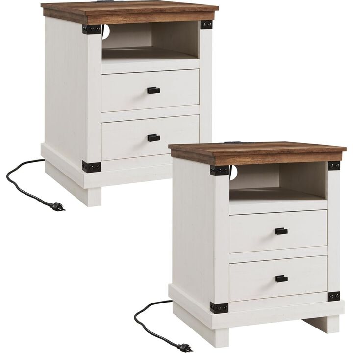 Farmhouse Nightstand Set of 2 with Charging Station, 18" Rustic Night Stand with 2 Storage Drawers, Wood End Table, Antique White