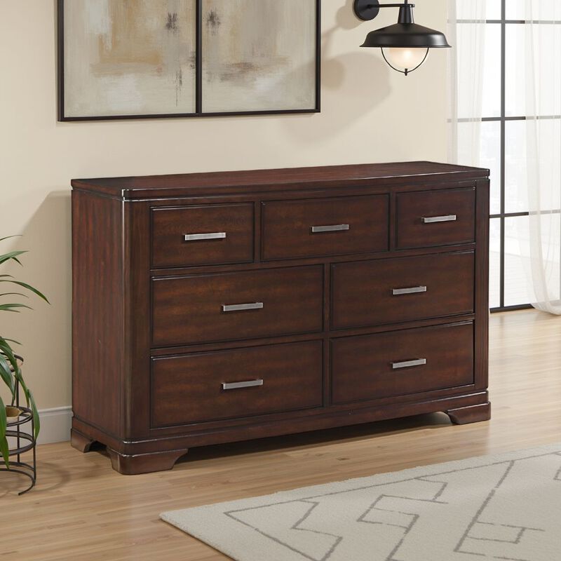 Hudy 56 Inch Dresser with 7 Drawers, Cherry Brown Birch Veneer - Benzara